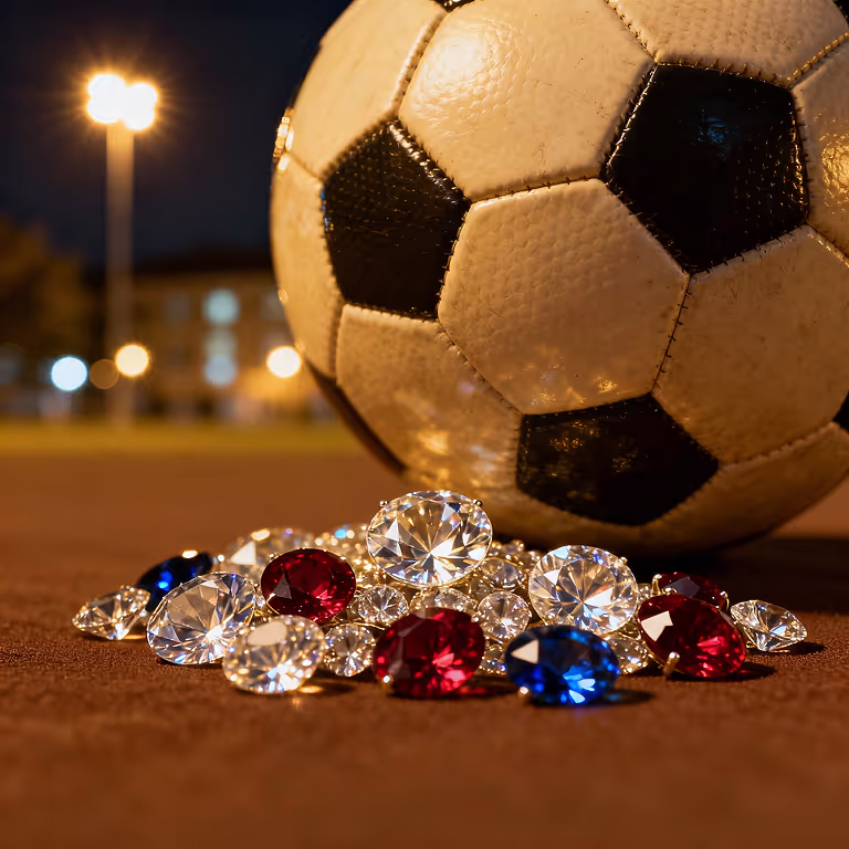 Balón de fútbol con gemas relucientes, representando las apuestas deportivas en A360 Casino.