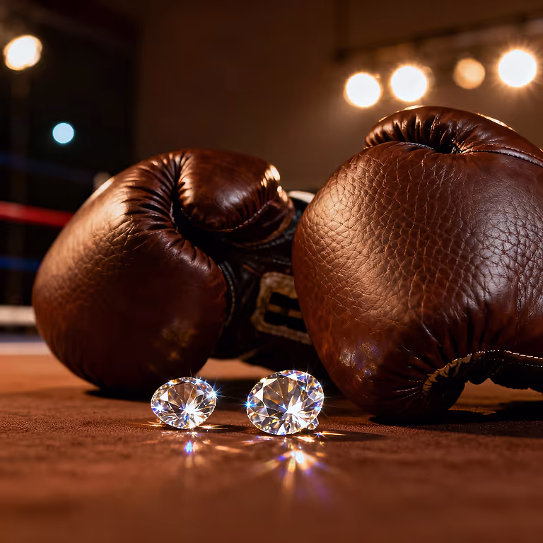 Guantes de boxeo marrones junto a diamantes, mostrando la emoción y competencia del juego en A360 Casino.